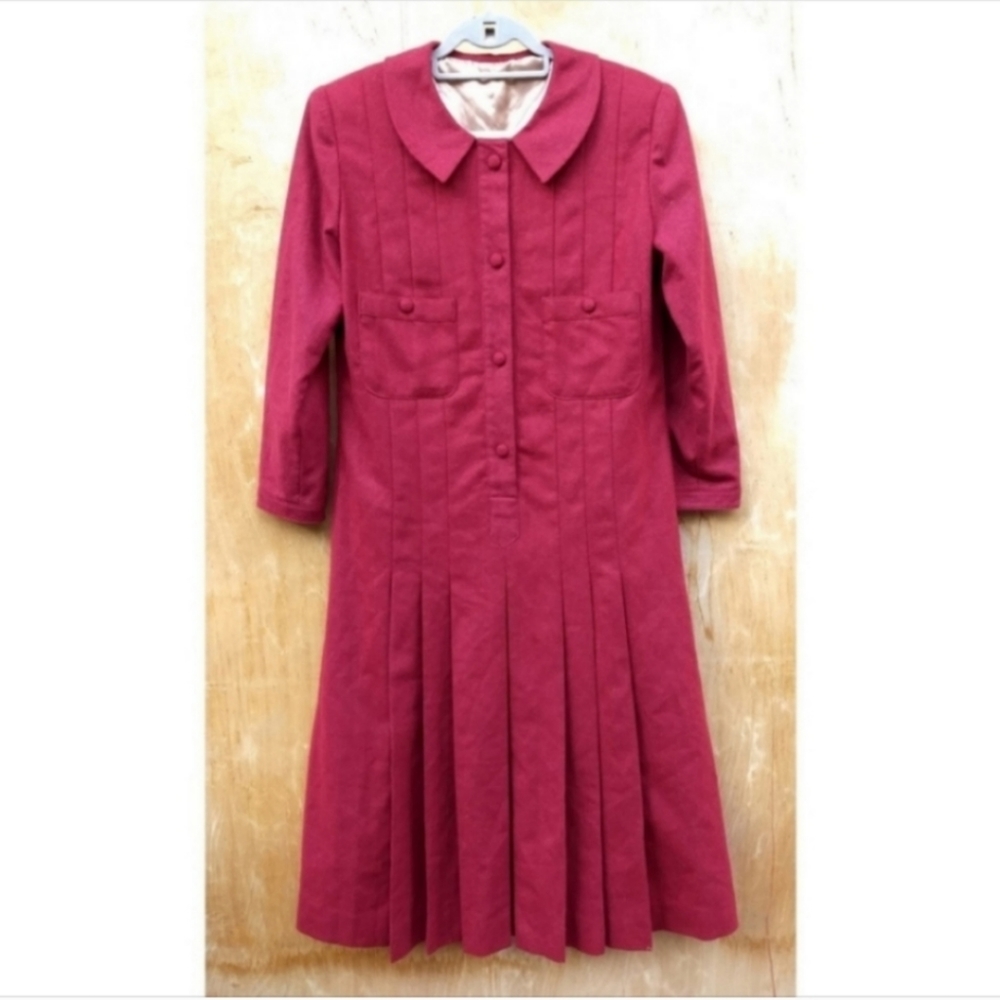 Vintage 1940s red drop waist pleated long sleeve coat midi dress large